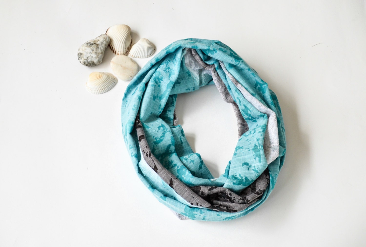 Turquoise Gray  White Ombre Patterned Infinity Scarf, Cotton Scarf, Loop Scarf