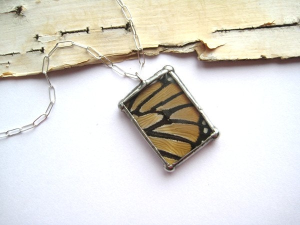 Monarch Butterfly Wing Necklace - real butterfly wing set under glass gem, necklace, sterling silver chain