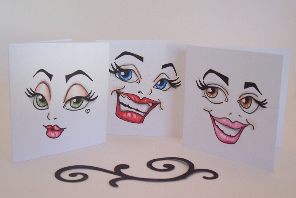 Faces, Blank Gift Tags,  friendship card, Thank  you notes, set of note cards, ORIGINAL drawing, hand drawn card, blank note card