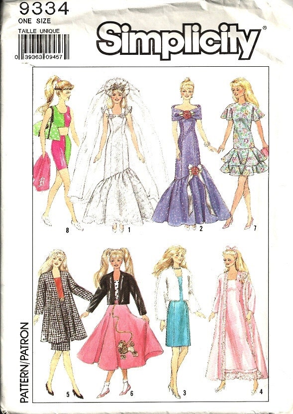 Simplicity 9334 Barbie Doll Clothes Vintage Sewing Pattern Uncut Poodle Skirt, Wedding Gown, Dress, Coat, Nightgown, Robe
