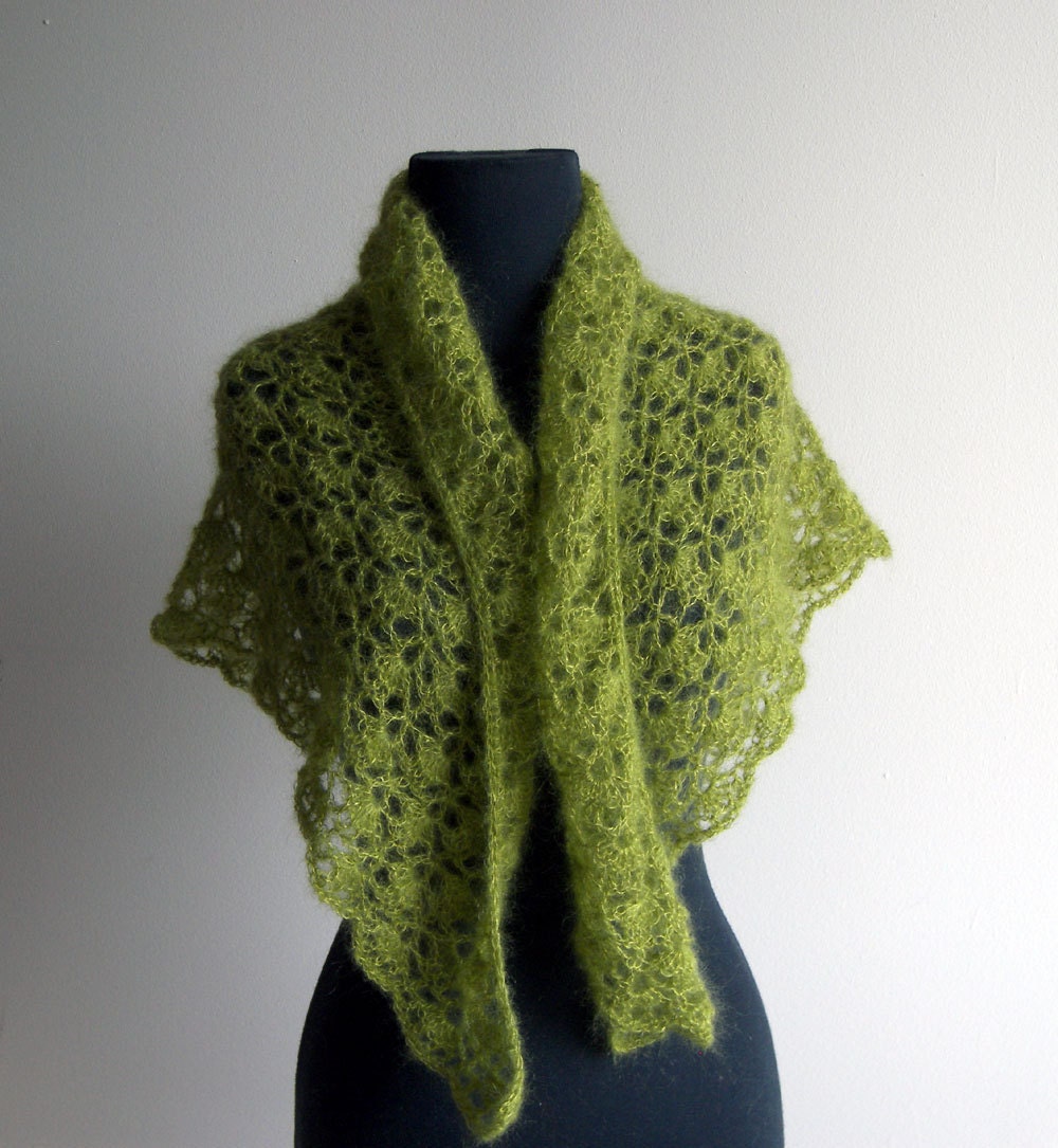 Crocheted Lace Shawl, Wrap, Scarf, Triangular, Pistachio Green, Mohair, Silk, Women, Spring Summer Fashion, Ready-to-Ship FREE SHIPPING