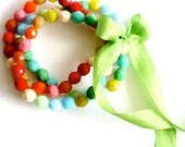Chunky Beaded Bracelet Set of  Three with Green Silk Ribbon