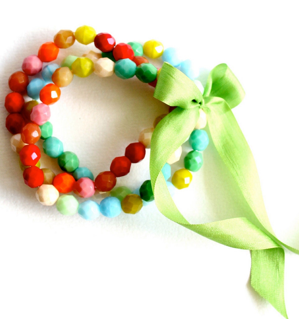 Chunky Beaded Bracelet Set of  Three with Green Silk Ribbon