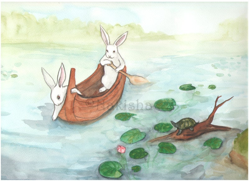 Original Art - Boating Rabbits - Watercolor Rabbit Painting