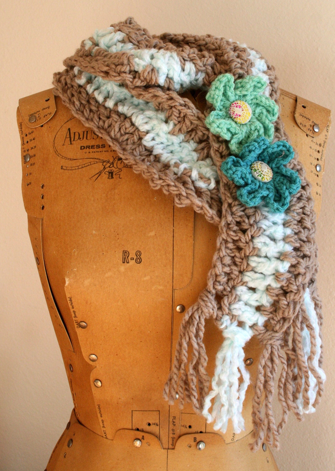 Chevron Scarf, Mint Green and Tan Stripes