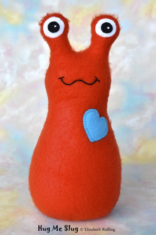 Handmade Slug, Stuffed Animal Plush Doll Art Toy, Hug Me Slug, Personalized Tag, Red Orange, Turquoise Fleece, 9 inch, Ready-made