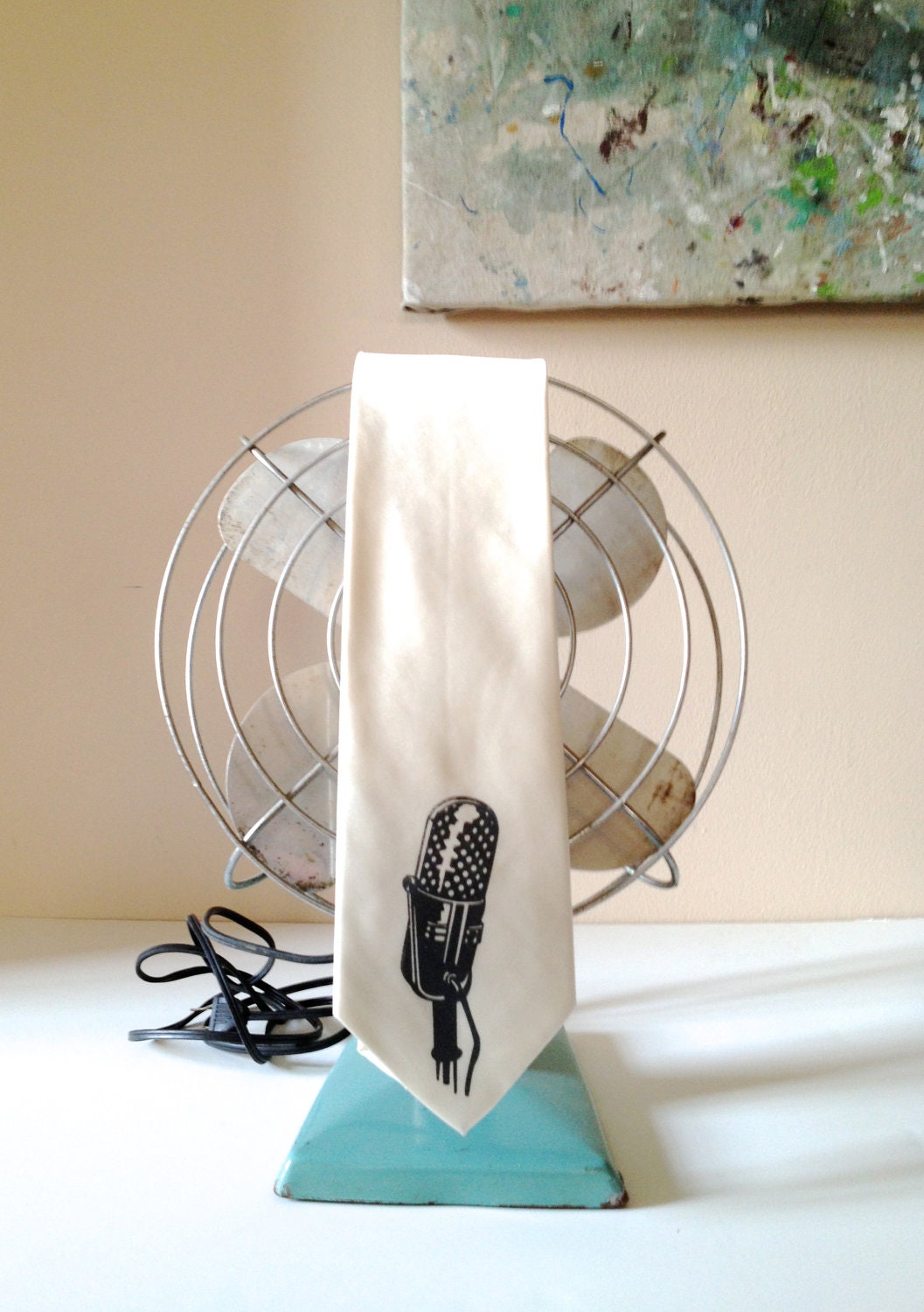 Cream Vintage Microphone Print Necktie