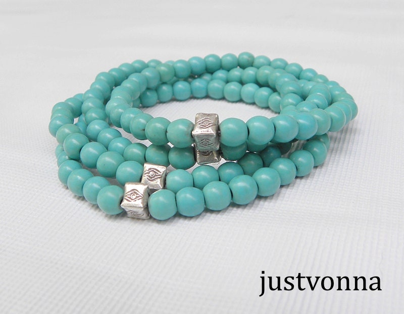 Stackable Stretch Bracelet Magnesite Turquoise with Sterling Silver Hill Tribe spacer