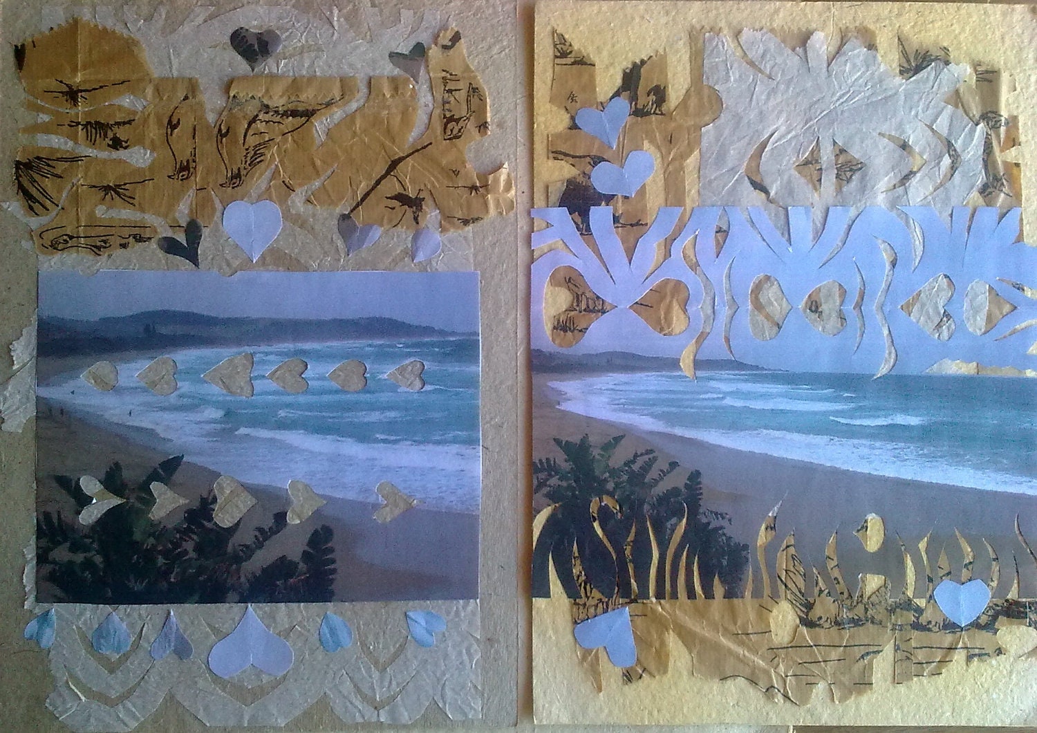 Original Mixed Media Collage - Scottburgh horizon line duet - upcycled brown paper bags and giclee on upcycled handmade paper