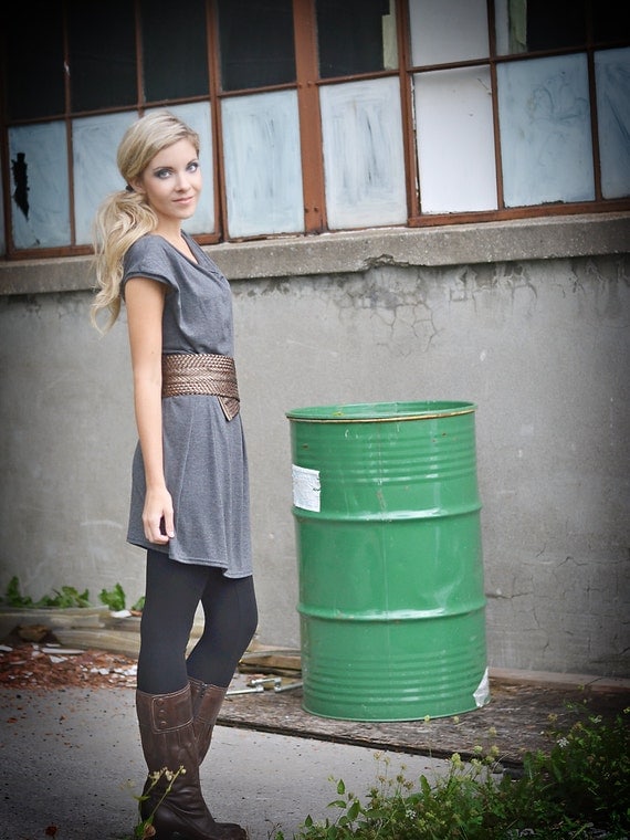 Autumn fall dress with soft cowl and cap sleeves in charcoal gray jersey