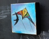 Small Original Painting kite art - with bird -  on 6X6 thick edged canvas - rainbow prism kite and sky