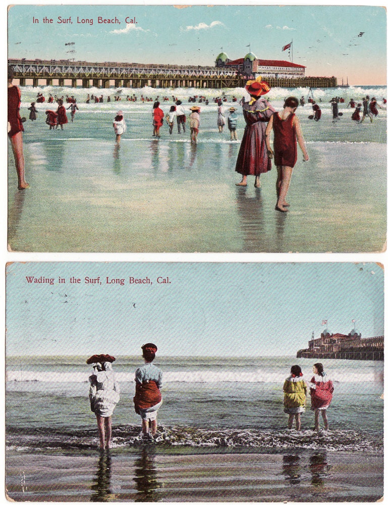 2 Vintage Beach Postcards from Long Beach, California 1910