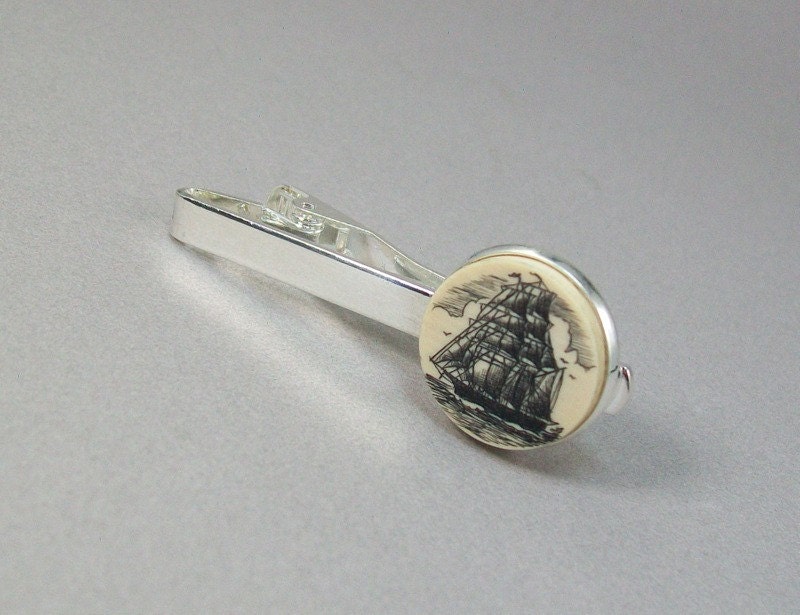 Scrimshaw Tie Bar with Ship, 18mm Mammoth  Ivory