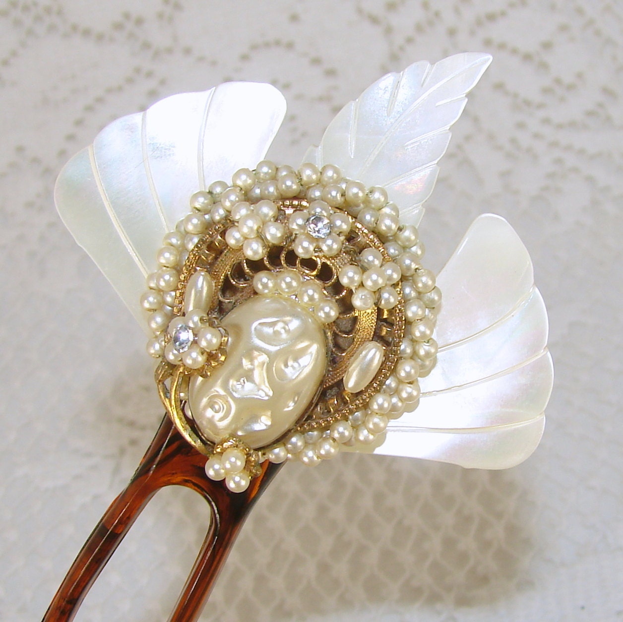 Mother Of Pearl Wedding Hairpiece Bridal Headpiece Hair Comb Fork Formal Accessory Rhinestones