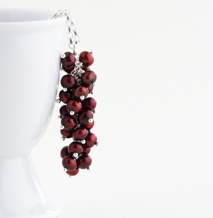 Wine Red Pearl Necklace, Red Pearl Cluster Pendant, Sterling Silver, Sophisticated Elegant Pearl Jewelry Sale, Mother's Day Necklace