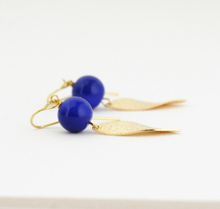 Blue Earrings - Gold Leaf - Monaco Blue Dangle Earrings - Blue and Gold, Drop Earrings