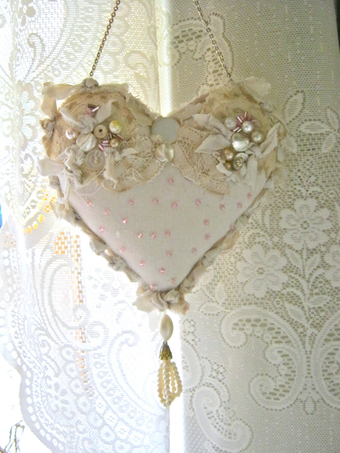 heart pillow- pretty- shabby chic pillow- romantic heart pillow- fiber art- frayed edges- pearls and buttons