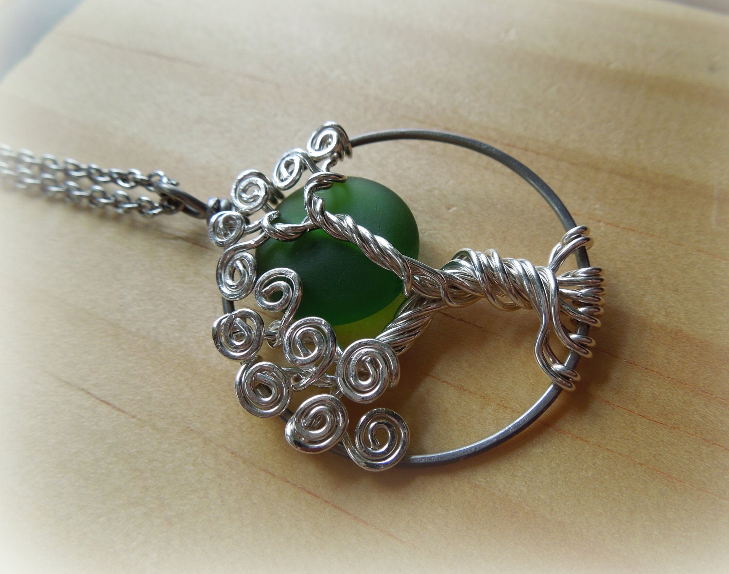 Forrest Green Moon in a Tree of Life Necklace-Emeral Green-May Birthstone-Sterling Silver