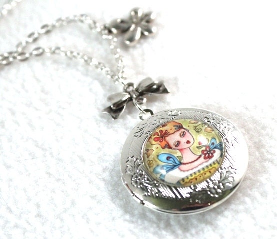 Victorian Locket, Girl Art Charm Necklace, Silver Vintage Inspired Beaded Jewelry, Flower Charm, Original Art Print, Green