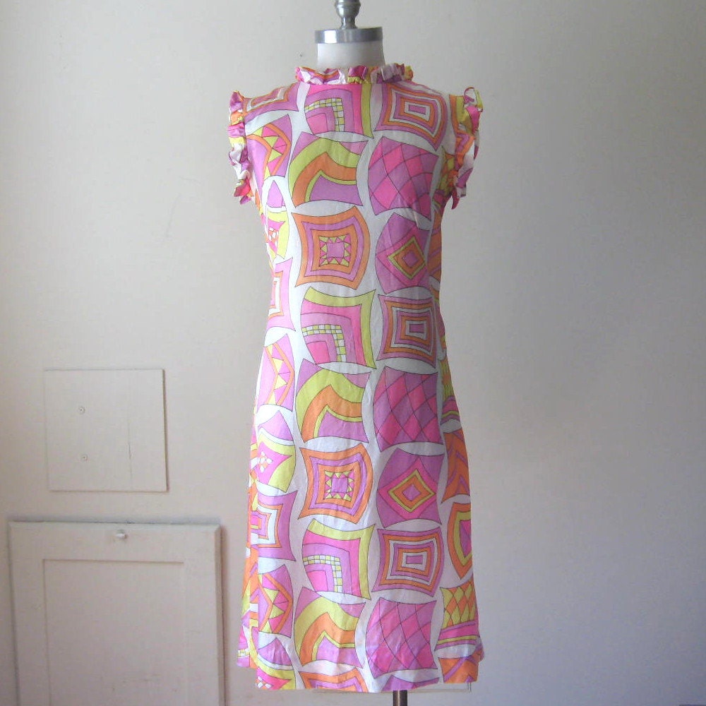 Bright Mod Dress Vintage 60s Psychedelic Neon Ruffle Shift Dress