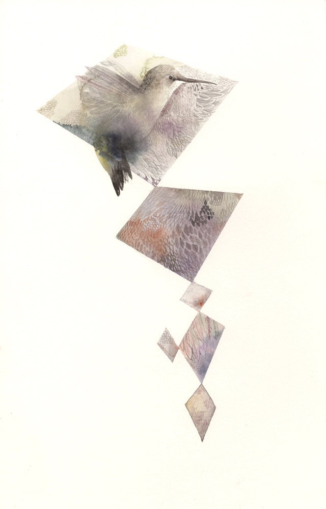Hummingbird watercolor painting-  print "Hummingbird Diamonds" watercolor, geometric decor, geometric, bird, muted,feathers,pattern