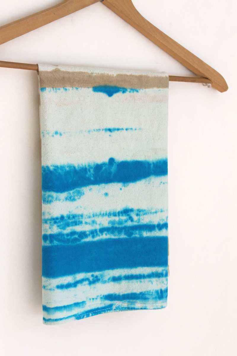 Tea Towel unbleached cotton dish towel turquoise blue and ecru natural hand dyed stripes kitchen towel