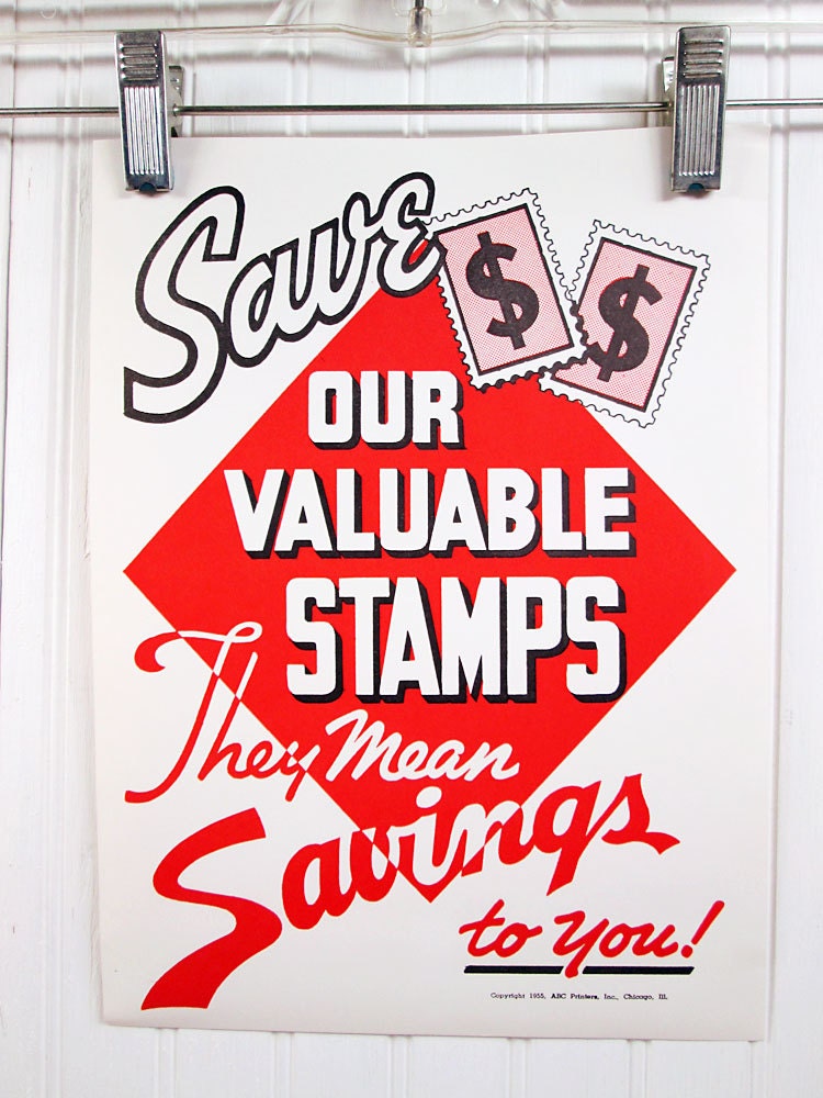 Vintage Grocery Store Poster 1950s - Save Our Valuable Trading Stamps Sign