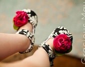 Victorian Rose Mary Jane black and pink damask baby and toddler shoes