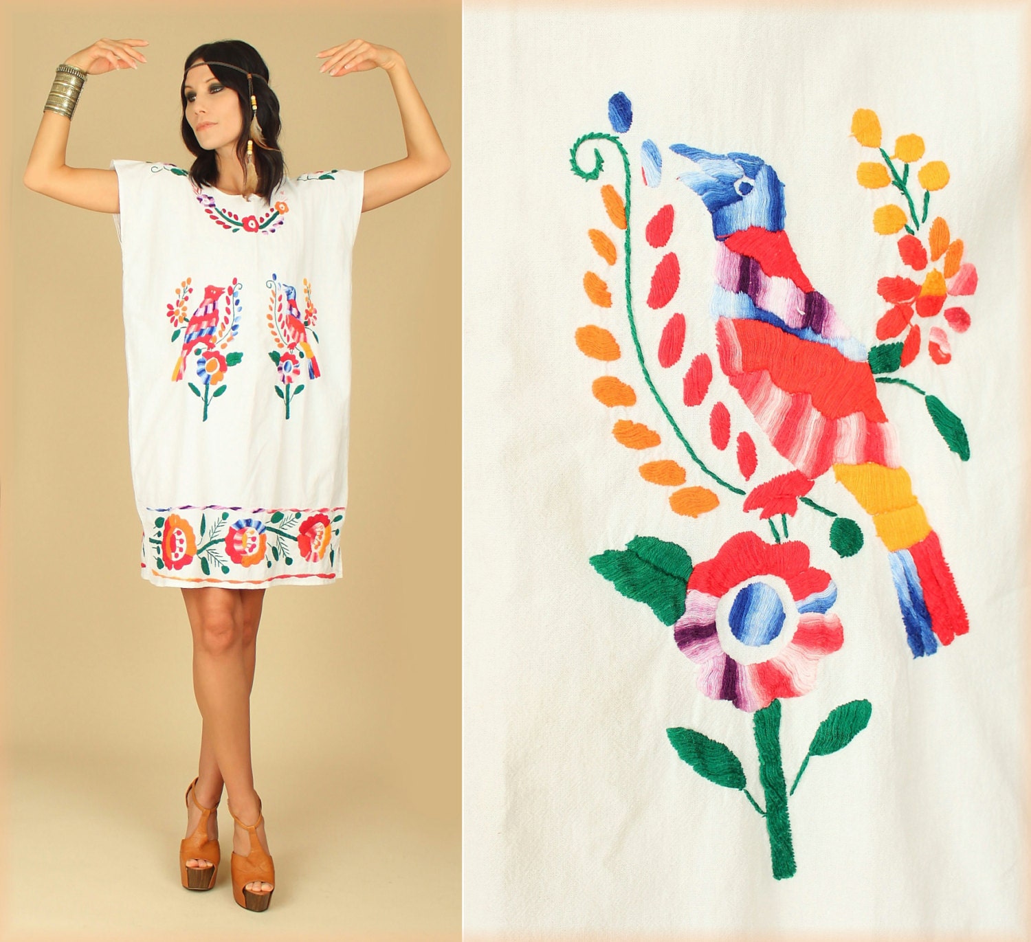 ViNtAgE 70's Hand Embroidered RAINBOW BIRDS Floral Mexican MiNi Cotton Caftan Dress Free Size