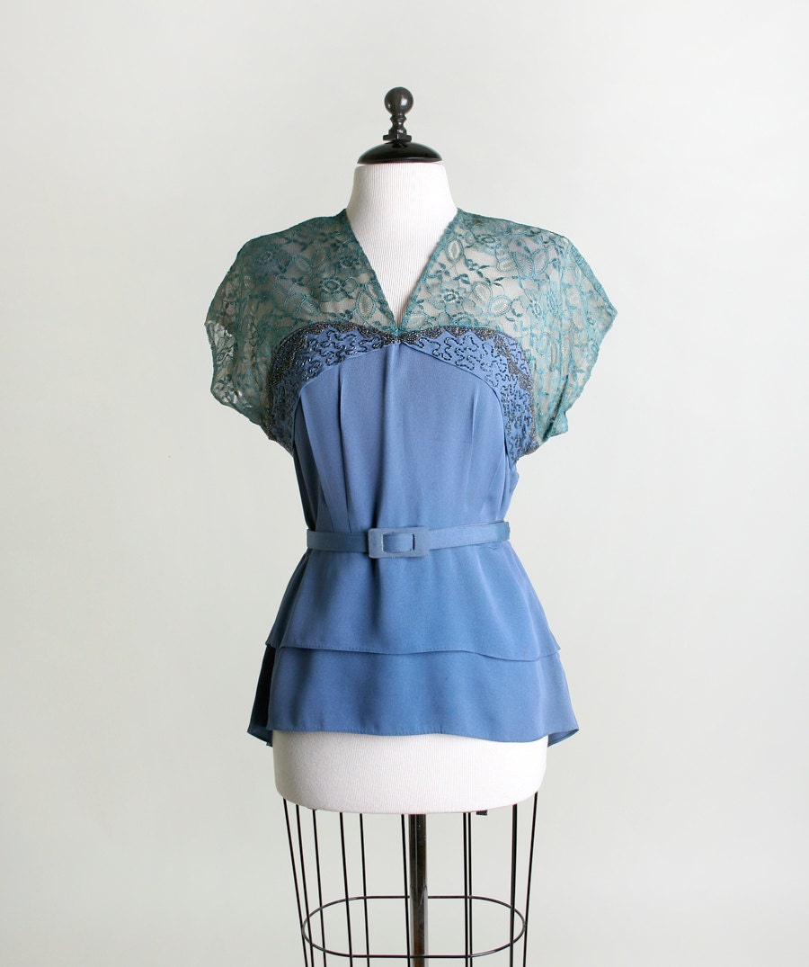 Vintage Peplum Blouse - Cornflower Blue Illusion Lace Fishtail Top - Large