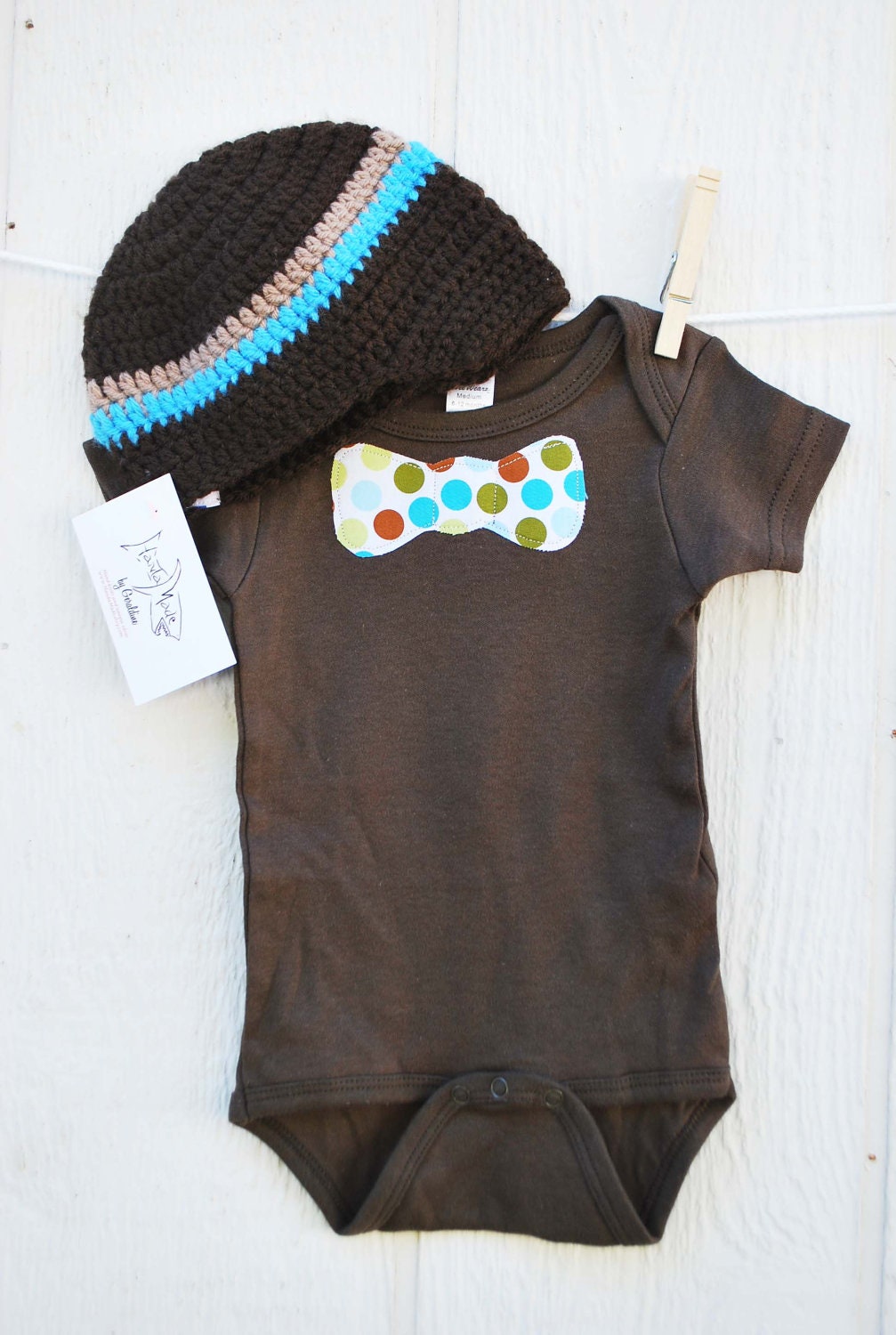 BABY BOY GIFT  Set.....  Cute Bow Tie appliqued  baby bodysuit and coordinating beanie...Great for pictures, church or birthday outfit