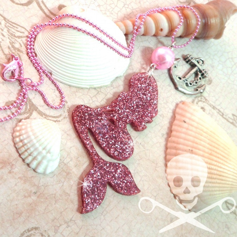 PINK GLITTER MERMAID - Laser Cut Acrylic Charm Necklace