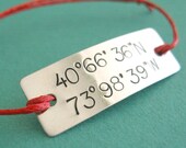 Latitude and Longitude slide knot bracelet on cotton cord -custom stamped