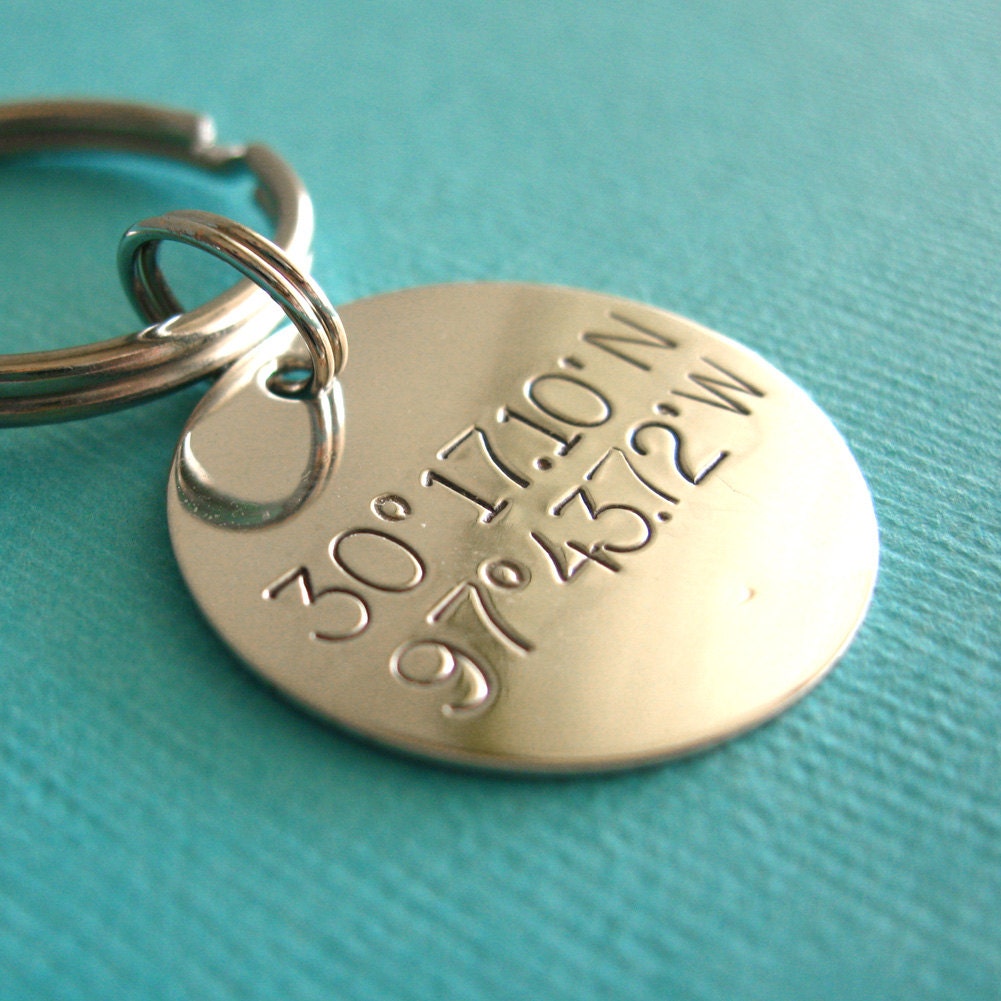 Personalized Latitude and Longitude Keychain Sterling Silver - GPS coordinates key chain