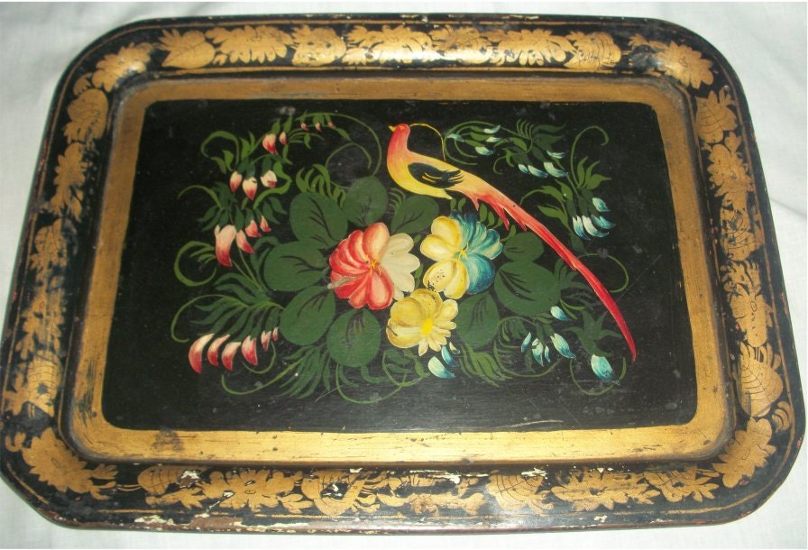 Stunning ANTIQUE TOLE TRAY - Handpainted Bird of Paradise, Flowers, Gold Leaf Border - fabulous vintage toleware painted tray WoW