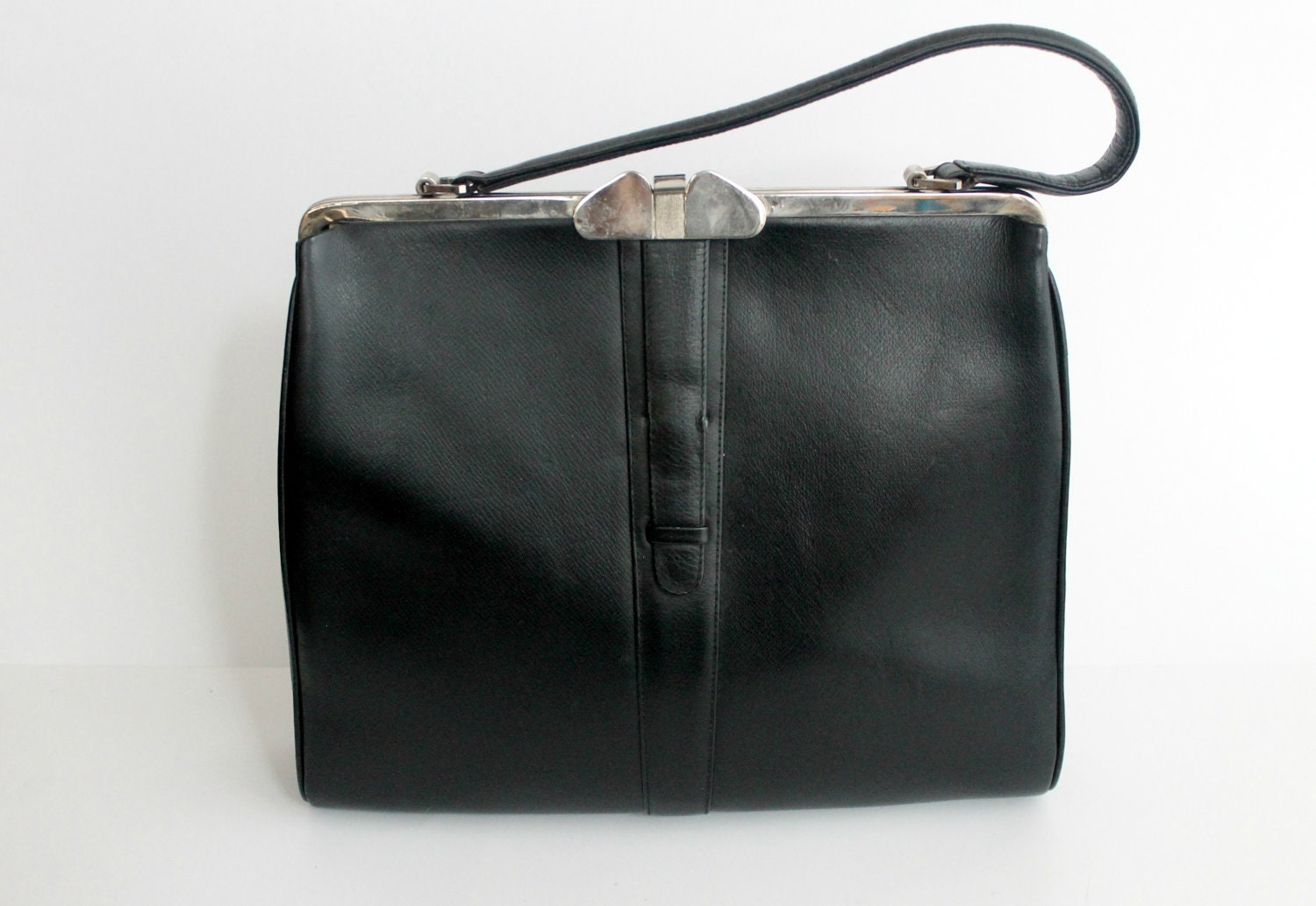 1960s Handbag / Vintage Black Leather Handbag / Black Kelly Bag