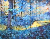On Sale, Whisper, Blue landscape, nature photography, trees, stream, winter on the way, blue decor, nature, blue winter, bird art
