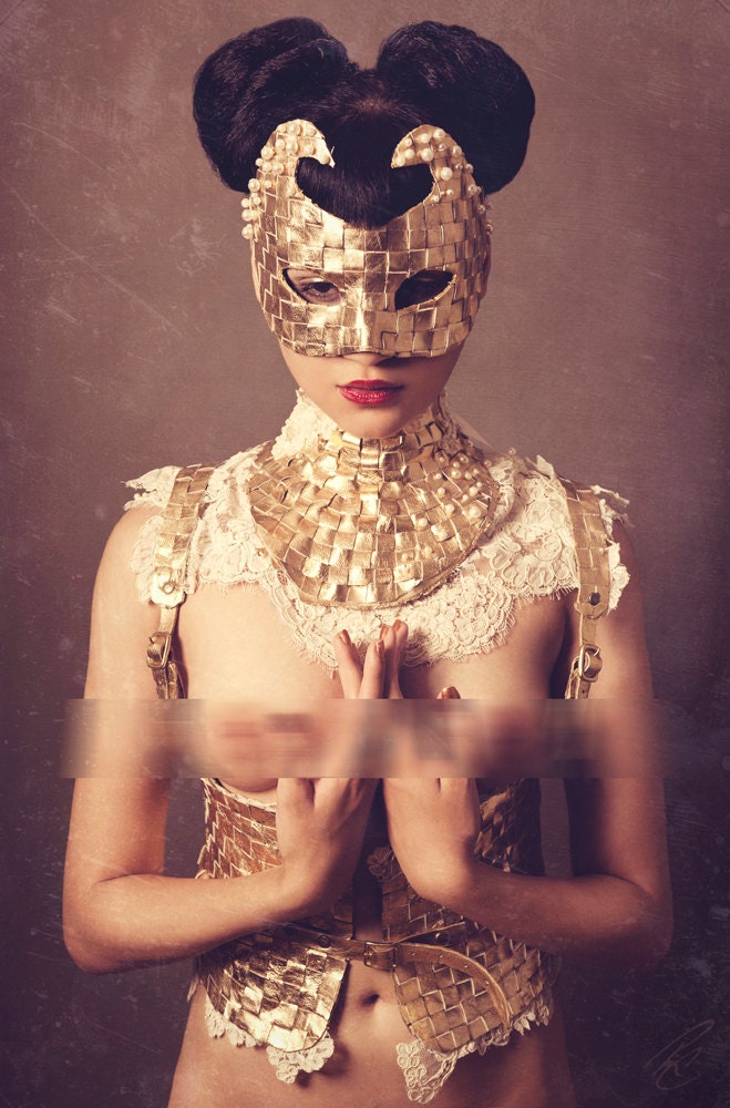 Artemis Halter - Gold leather Lattice and Vintage Lace Halter/ Waist Cincher.