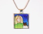 SALE... Siamese Cat Lady Wearable Art.. Glass Pendant in Silvertone Setting