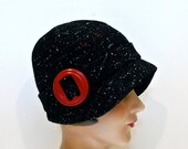 Women's Hat - Cloche Hat in Black Wool with Red Wooden Buckle - Made to Order