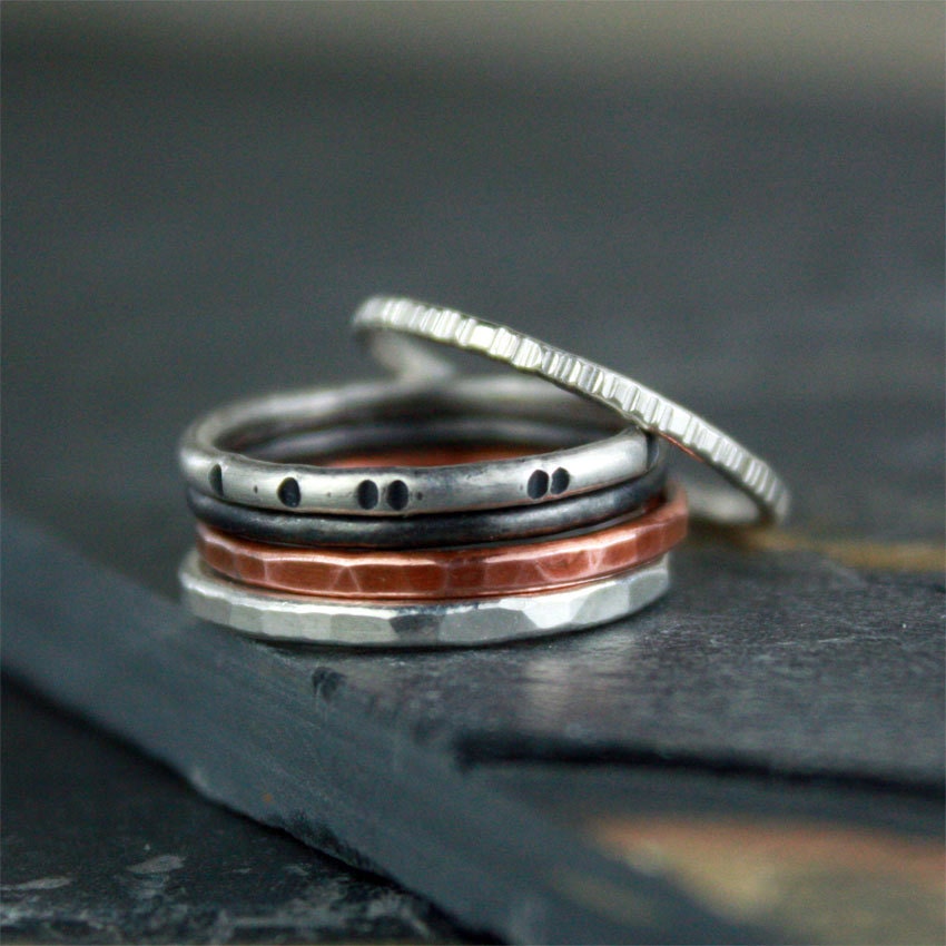 Stacking Silver and Copper Rings, Mixed Metal with Texure and Patina - Set of 5