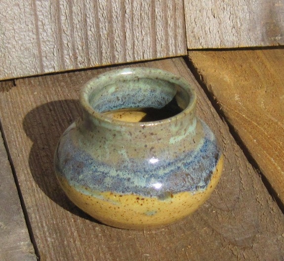 Pottery Small Vase, Tan, Green and Blue
