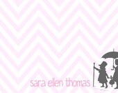 Girls Playing Silhouettes on Pink Chevron Personalized Notecard Set