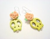 Green and Tan Day of the Dead Roses and Sugar Skull Earrings