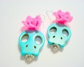 Pink and Turquoise Day of the Dead Roses and Sugar Skull Earrings
