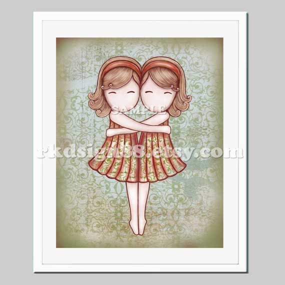 Twin sisters nursery art print, art for baby nursery decor, kids wall art, kids art, Gemini, blonde - My Lovely Best Friend 8 x 10