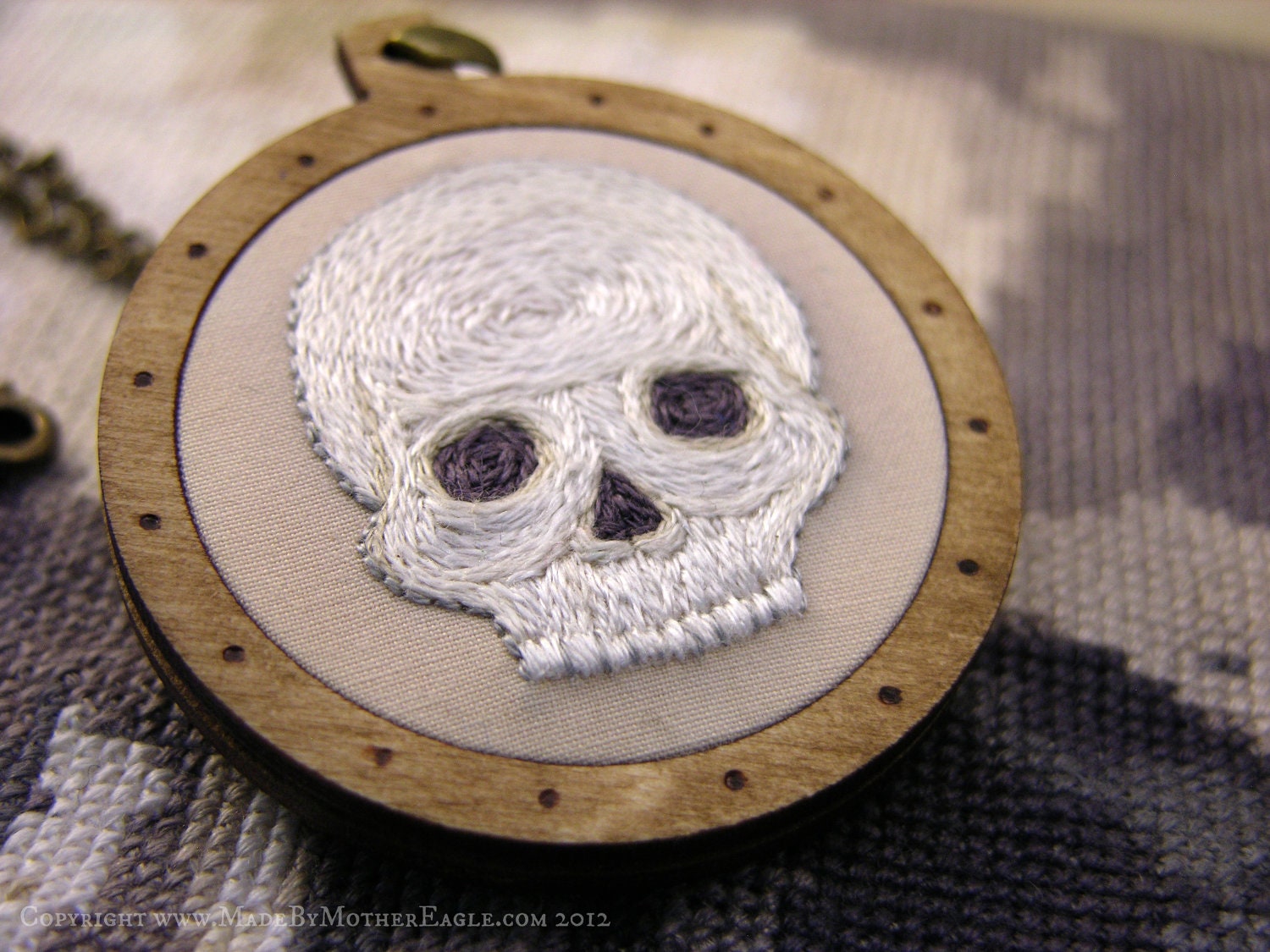 The Midwinter Skull Pendant - Miniature Embroidery and Birch Wood