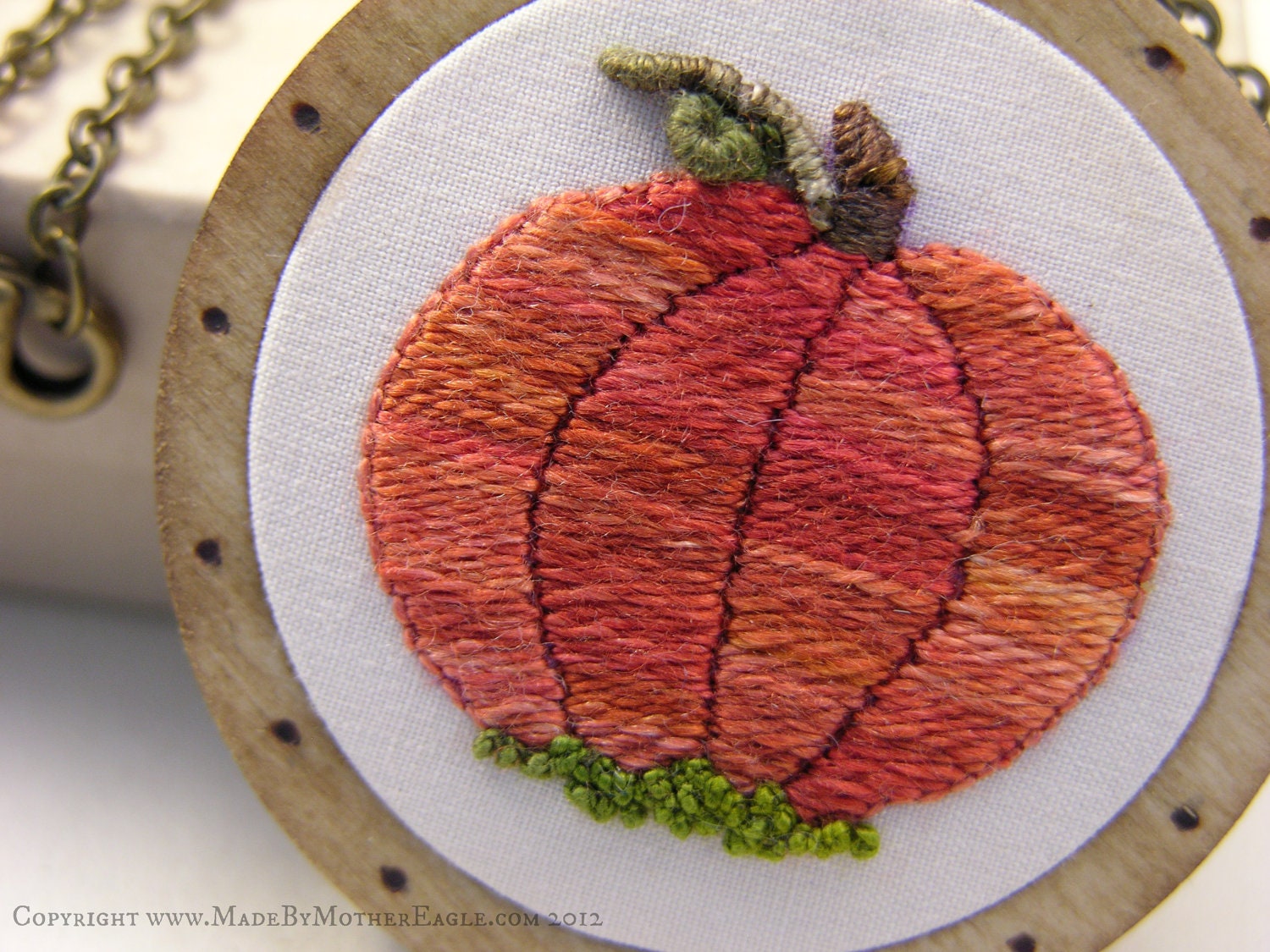 The Midwinter Pumpkin Pendant - Miniature Embroidery and Birch Wood - FREE SHIPPING