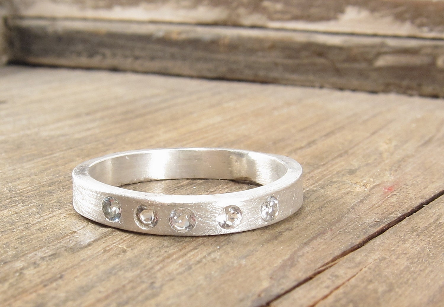 Silver Birthstone Ring - Matte 5 Stone Flush Set Ring -  Wedding Band - Mother Ring