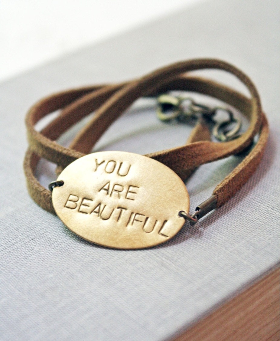 Personalized Custom Wrap Bracelet, Faux Leather, Hand Stamped, Handmade, Brass- You Are Beautiful